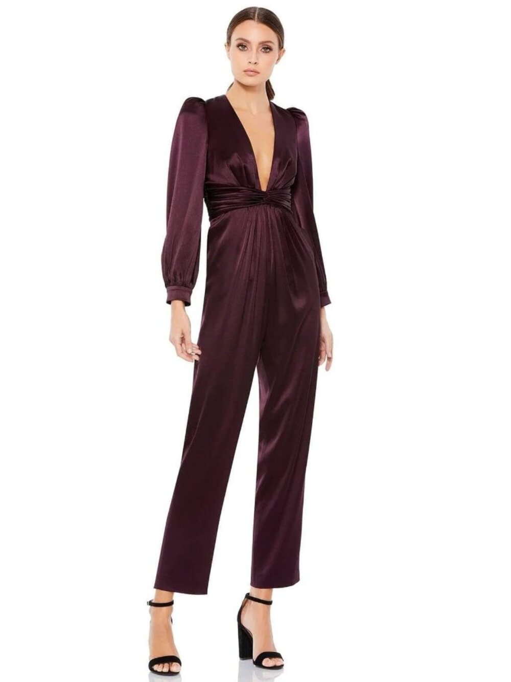 NWT Mac leena Duggal A2647 V Neckline Long Sleeve Jumpsuit Plum Size 6/0/12/8
